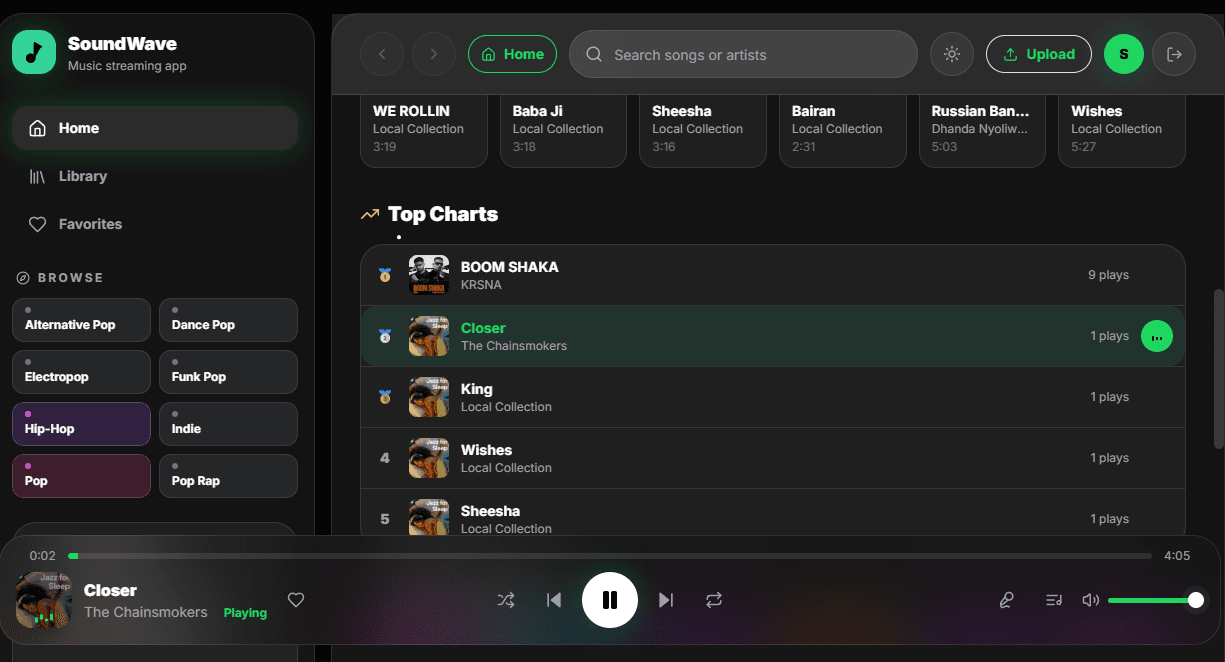 SoundWave — full stack music streaming application built with React and Node.js